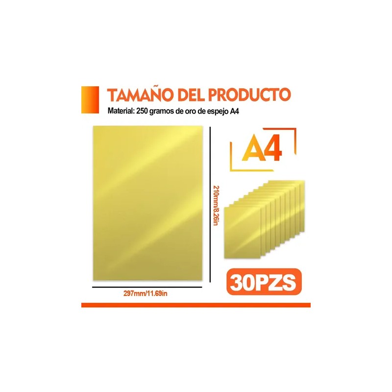 30pzs Cartulina Metálica Espejo Metalizada A4 Dorado