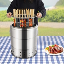 Charcoal Barrel Grill，Vertical Kebab Grill，Portable Barbecue Charcoal Bucket,Stainless Steel Outdoor Indoor Camping Picnics Turkey BBQ Grilling Accessories Set (28* Skewers)