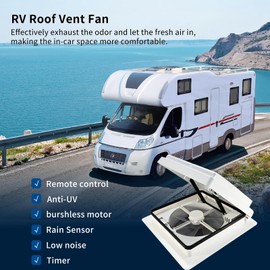 2012 14"" RV Roof Vent Fan, 12V Quiet RV Roof Fan with Remote Control, 4-Speed RV Exhaust Fan, Reversible Ventilation, Built-in Rain Sensor, Timer, for RV/Camper/Trailer, White