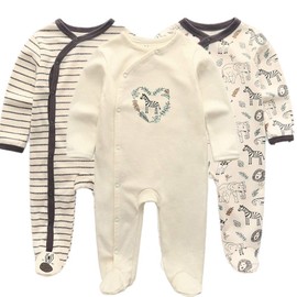Kiddiezoom Baby Boys’ Cotton Long Sleeve Romper with Feet, Zebra & Elephant & Lion, 9-12 Monate