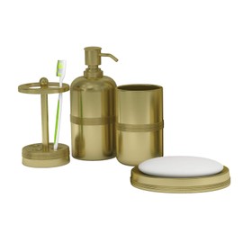 nu steel nusteel Steel pcs Jewel Stainless Steel Bath Accessory Set for Vanity Countertops, 4 Piece Luxury Ensemble Includes Dish, Toothbrush Holder, Tumbler, soap and Lotion Pump, Rich Gold Finish