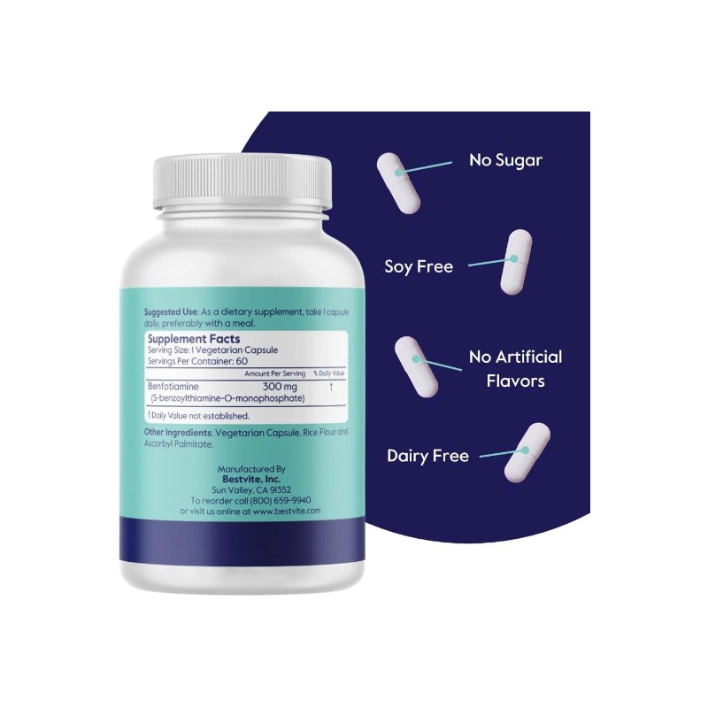Benfotiamine 300mg (60 Vegetarian Capsules) No Stearates - No Silicon
