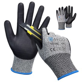 KAYGO 2 Pairs of Work Gloves, Cut Resistant Level C, KG21N, Nitrile Coated Non-Slip Handle, Washable, EN388 4 x 42C Cut Protection Gloves for Cutting, Warehouse, Construction, Car (Grey, M, Size 8)