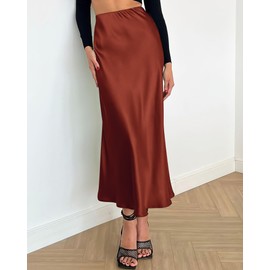 BTFBM 2025 Womens Summer Fall Long Satin Skirt Silk Elegant High Waist Cocktail Party Wedding Flowy A-Line Midi Skirts(Brown, Small)