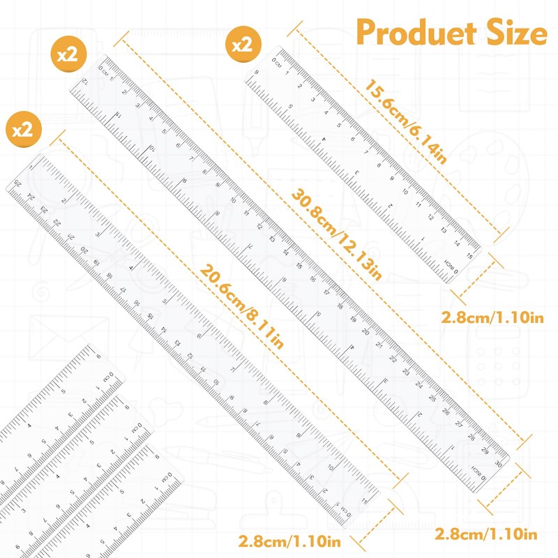 6 Pack Clear Ruler, 15/20/30cm Clear Plastic Ruler, Thick Plastic