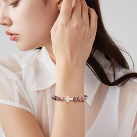 JoycuFF Unique Gifts for Women Elastic 8mm Natural Stone Pink Bracelet Cross Charm Bracelets Rosary Bracelet Best Friend Bracelet Religious Easter Graduation Birthday Inspirational Gifts Jewewlry