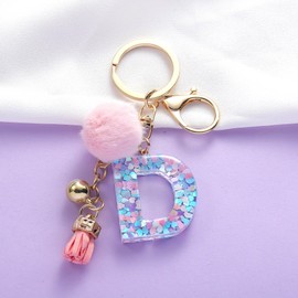 QUKE Alphabet Initial Letter Keychain for Women Girls Resin Keyring for Purse School Bag With Pink Fur Ball Pom - D
