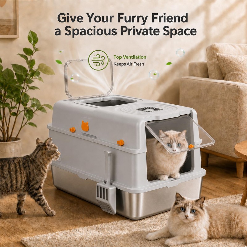 XXXL Stainless Steel Litter Box with Lid for Big Cats
