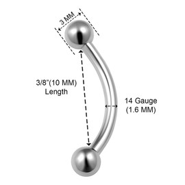 KJM Fashion 3 x Steel Banana Barbell 1.6 mm 14 g Steel Ball Earrings, Stainless Steel