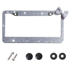 Bling License Plate Frame for Women, Premium Stainless Steel Rhinestone License Plate Holder,Handmade Glitter Crystal Diamond Girl Lincense Plate Tag Cover (White+White Bow)