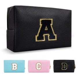 Bolsa de maquillaje personalizada con inicial A-Z Preppy Bolsa de parche pequeña de piel sintética con cierre, bolsa de aseo blanca bonita para adolescentes, niñas, mujeres, cumpleaños, amigas y madres, Negro, letra negra, A, Moda