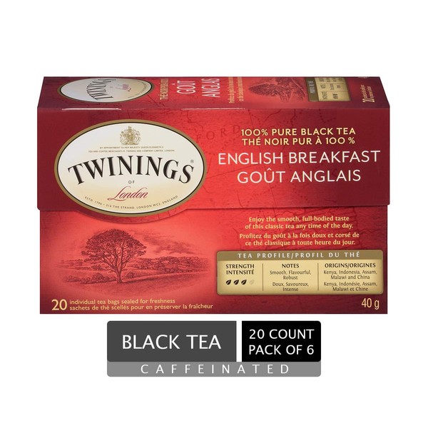 Twinings English Breakfast Individually Wrapped Tea Bags | Smooth, Flavourful Black Tea | 20 Count (Pack of 6)