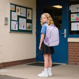 Glitter Checkered Backpack for Girls, 3 in 1 Purple Checker Schoolbag with Lunch Bag & Pencil Case and Chest Strap for Preschool Kindergarten Elementary Girls