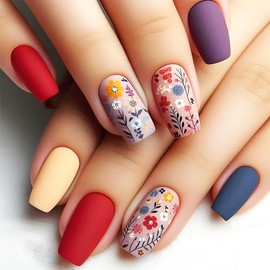 24Pcs Black Leaves Fake Nails Spring Flower Press on Nails Matte Red Flowers Stick on Nails Medium Square Acrylic False Nails Butterfly Gel Glue on Nails for Coquette Women Girls