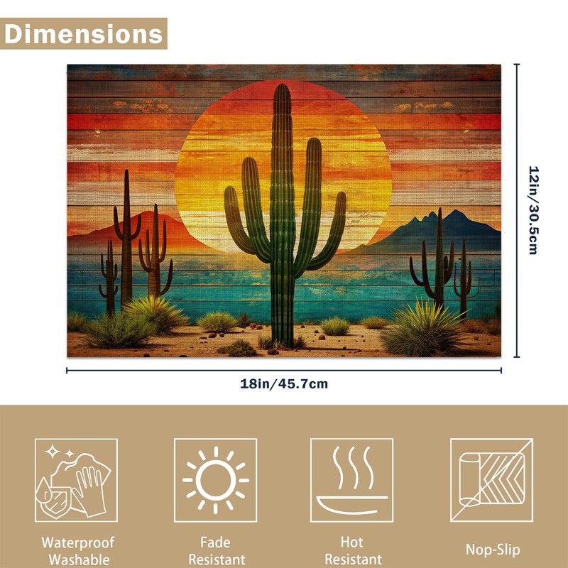 Boho Cactus Placemats Set of 6 Linen Table Mats, 12x18