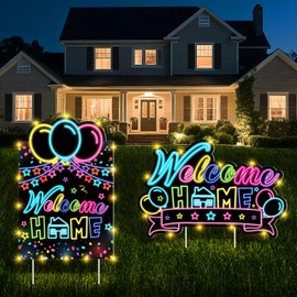 2PCS Welcome Home Outdoor Yard Sign Decorations Glow Neon Welcome Lawn Sign with Stakes and LED Homecoming Home Signs Supplies for Family Housewarming Welcoming Party Homecoming Garden Outside Decor