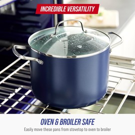 Blue Diamond 8QT Nonstick Stockpot with Glass Lid, PFAS-Free Ceramic, Multipurpose Cooking, Sauces & Soups, Pasta, Boiling & Canning Pot, Dishwasher & Oven Safe, Stainless Steel Handles, Navy