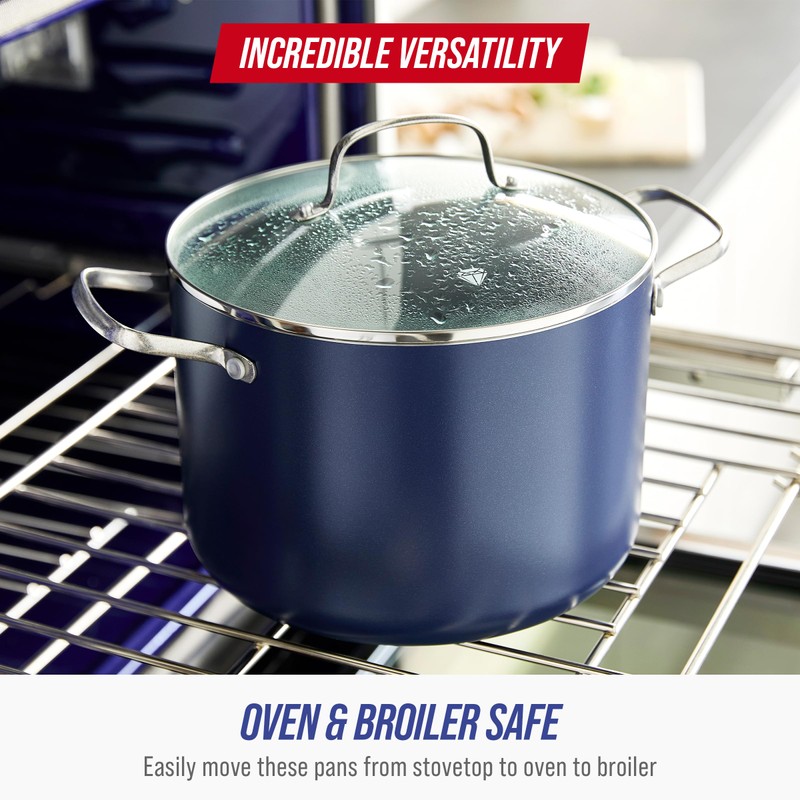 Blue Diamond 8QT Nonstick Stockpot with Glass Lid, PFAS-Free Ceramic,