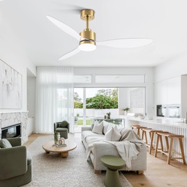 52 Inch Ceiling Fans with LED Light Remote Control, Modern Ceiling Fan with Reversible DC Motor, 3 Blades and 3 Color Temperature, LED Light Chandelier for Bedroom (Gold & 3 Transparent Blades)