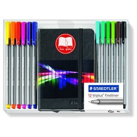 Staedtler Triplus 334 NB12 Fineliner 'Rainbow Line' Triangular 0.3 mm Pack of 12 with Free Notebook