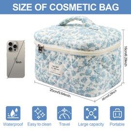 Travel Quilted Cotton Makeup Bag,Large Makeup Bag, H HOME-MART Large Floral Cosmetic Bag for Women Girls, Floral Coquette Aesthetic Toiletry Bag, Flower Travel Toiletry Accessories