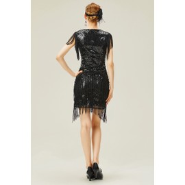 BABEYOND 1920s Flapper Dress Long Fringed Gatsby Dress Roaring 20s Sequins Beaded Dress Vintage Art Deco Dress Black