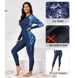 Halcurt Women Long Sleeve Rash Guard Modest Bathing Suit Zip Up Modest 1 PC Swimsuit Navy L