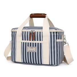 Nanxson Insulated Cooler Bag, 15L/29L, Large Capacity, Reusable Lunch Bag, Portable Cool Box with Adjustable Shoulder Strap for Students, Office, Picnic (15L, A-Navy Blue Striped)