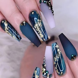 Long Press on Nails Dark Blue Glossy Square Fake Nails, Full Cover Reusable Coffin Artificial Acrylic Color Rhinestone False Nails with Gold Sequins Design, Women DIY Glue on Nails Manicure for Set