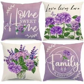 KISVODS Spring Pillow Covers 18x18 Purple Spring Summer Farmhouse Decorations Hydrangea Vases Butterfly Throw Pillow Covers Home Sweet Home Cushion Case for Sofa Couch Set of 4