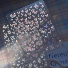 2Sheets Holographic Butterfly Nail Art Stickers, Pink and White, Decorative Nail Decals