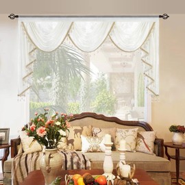 Leeva Extra Wide Waterfall Valance, Vintage Damask Jacquard Voile for Victorian Decor, Semi-Sheer Rod Pocket Valance with Beaded Tassels, 79" W x 43" L, Crisp White