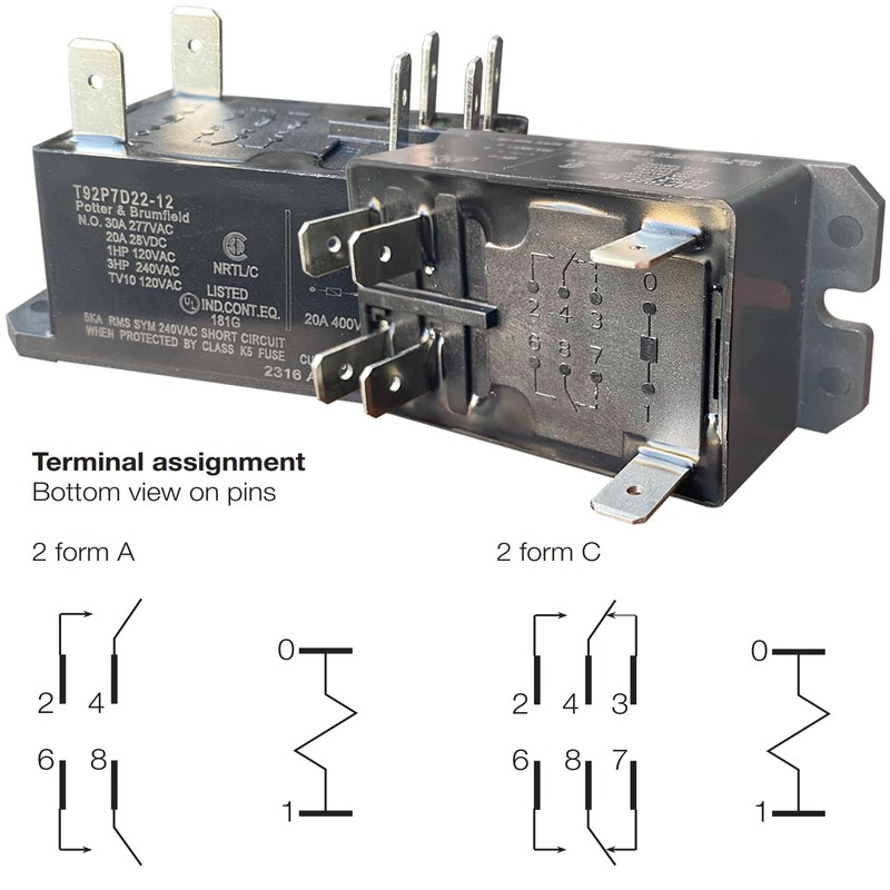 T92P7D22-12 Power Relay (2-Pack), 30A 12VDC DPST-NO 6-Pin, Compatible with