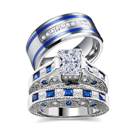 wedding ring set Two Rings His Hers Couples Matching Rings Women's 2pc White Gold Filled CZ Wedding Engagement Ring Bridal Sets Men's Stainless Steel Wedding Band, women's size 7 & men's size 9,