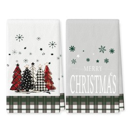 WOWOGO Set of 2 Christmas Kitchen Towels Xmas Trees Snowman Buffalo Plaid Christmas Decorations Dish Towels Holiday Hand Towels 18x26 Inch Winter Dish Cloths
