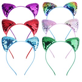 6Pcs Sequins Cat Ear Headbands Reversible Shiny Glitter Hairband Multi-Color Womens Cute Ear Hair Hoops Hair Accessories for Daily Party Decoration (Random Color)