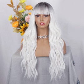 AISI QUEENS White Wigs for Women, Ombre White Wig with Bangs Long Wavy Wig Hair Dark Root Synthetic Wigs Heat Resistant Fiber for Daily Party Use