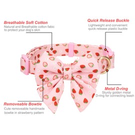 Ewinoom Bowtie Dog Collar Adjustable Soft Christmas Cotton Dog Collars in Cute Strawberry Pattern,for Small Medium Large Girl Dogs,Pink,L
