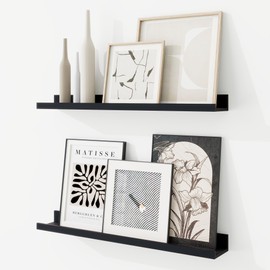 RICHFOCUS Picture Ledge Shelf, 24 inch Floating Shelves Set of 2, Wood Wall Shelves with Lip, Wall Decor Storage for Bedroom Living Room Bathroom Kitchen Nursery Photo Picture, Black