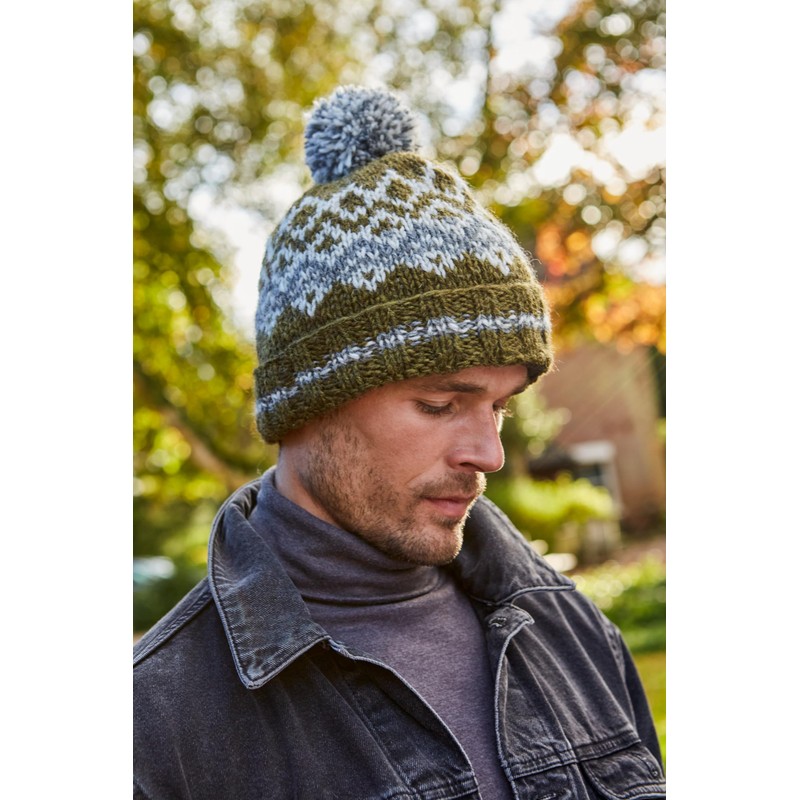 Pachamama Men Wool Beanie Bobble Hat Fleece Lined Handknitted Contemporary
