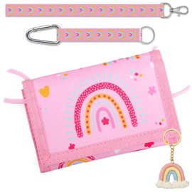 Rainbow Velcro Wallet Kids Trifold Coin Holder with Zipper, Kids Chest Wallet for Boys and Girls, with 3 Lanyards and Key Ring, Cartoon Purse for Children Birthday Gifts