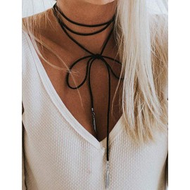 DoubleNine Boho Feather Choker Wrap Necklace Vegan Suede Y Lariat Gothic Black Brown Bronze Accessories for Women Girls 2pcs