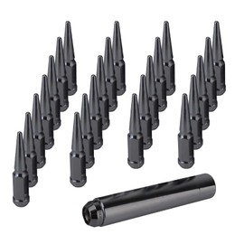 24 M14x1.5 Pointed Lug Nuts with Socket Key,19 mm hex, Compatible with Chevy Sierra 1500 2500 3500, Express 1500, Ram 2500 3500, F150 F-250 F-350 (Black, 9/16-18)