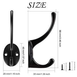 TOPBELIEF Pack of 6 Double Prong Wall Hooks, Metal Coat Hooks, Gooseneck Hooks, Coat Hooks, Black with 12 Screws, Screws Hooks for Bedroom, Bathroom, Wardrobe, Living Room