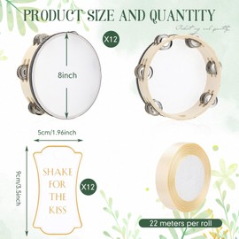 Lukmaa 12 Set 8 Inch Tambourine for Adults Tambourines Bulk Wooden Hand Held Drum with Metal Jingles, Gift Tags, Ribbon Percussion Gift Musical Instrument for Church Wedding(Double Row)