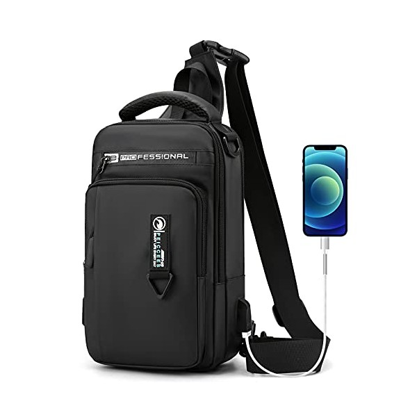Peicees Sling Bag for Men Women Waterproof Mens Sling Backpack Purse Crossbody Bag with USB Charging Port for Travel Hiking (B-Black)