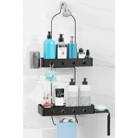 KEGII Hanging Shower Caddy – 2-Tier Stainless Steel Shower Organizer Over Shower Head with Soap Holder, Toothbrush Hooks & Towel Bar, Rustproof & No Drilling, Matte Black
