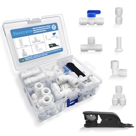 Sweezwon Water Tube Fittings Kit, 3/8" OD Quick Connect Push to Connect Fittings for RO/DI Water Filter System (Ball Valve+ T+ I+ L+ Y+ Professional Tubing Cutter, 32Pcs)