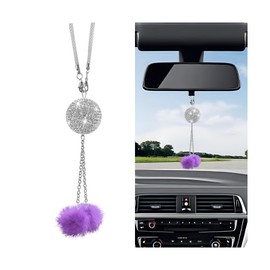 Sandfren Bling Car Hanging Ornament for Rearview Mirror, Crystal Rhinestones Fuzzy Plush Ball Vehicle Mirror Hanging Charm, Diamond Auto Interior Rear View Decor Pendant, Universal Fit (Purple)
