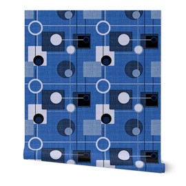 Removable Wallpaper 12ft x 2ft - Orbs Squares Blue Vintage Fifties Atomic Pattern Mod White Retro Custom Pre-Pasted Wallpaper by Spoonflower